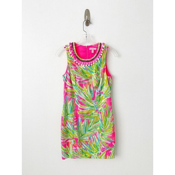 Lilly Pulitzer Mila Tiki Pink Shift Dress 00 100% Cotton Pom Pom Floral - Picture 4 of 10